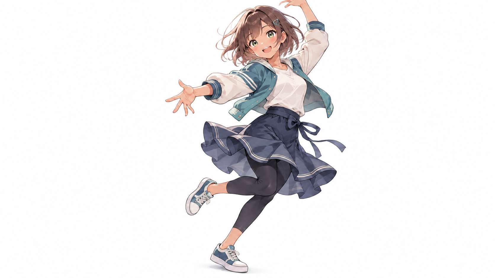 白い背景の中で踊る、短い茶髪と緑の瞳のオリジナルキャラクターのイラスト