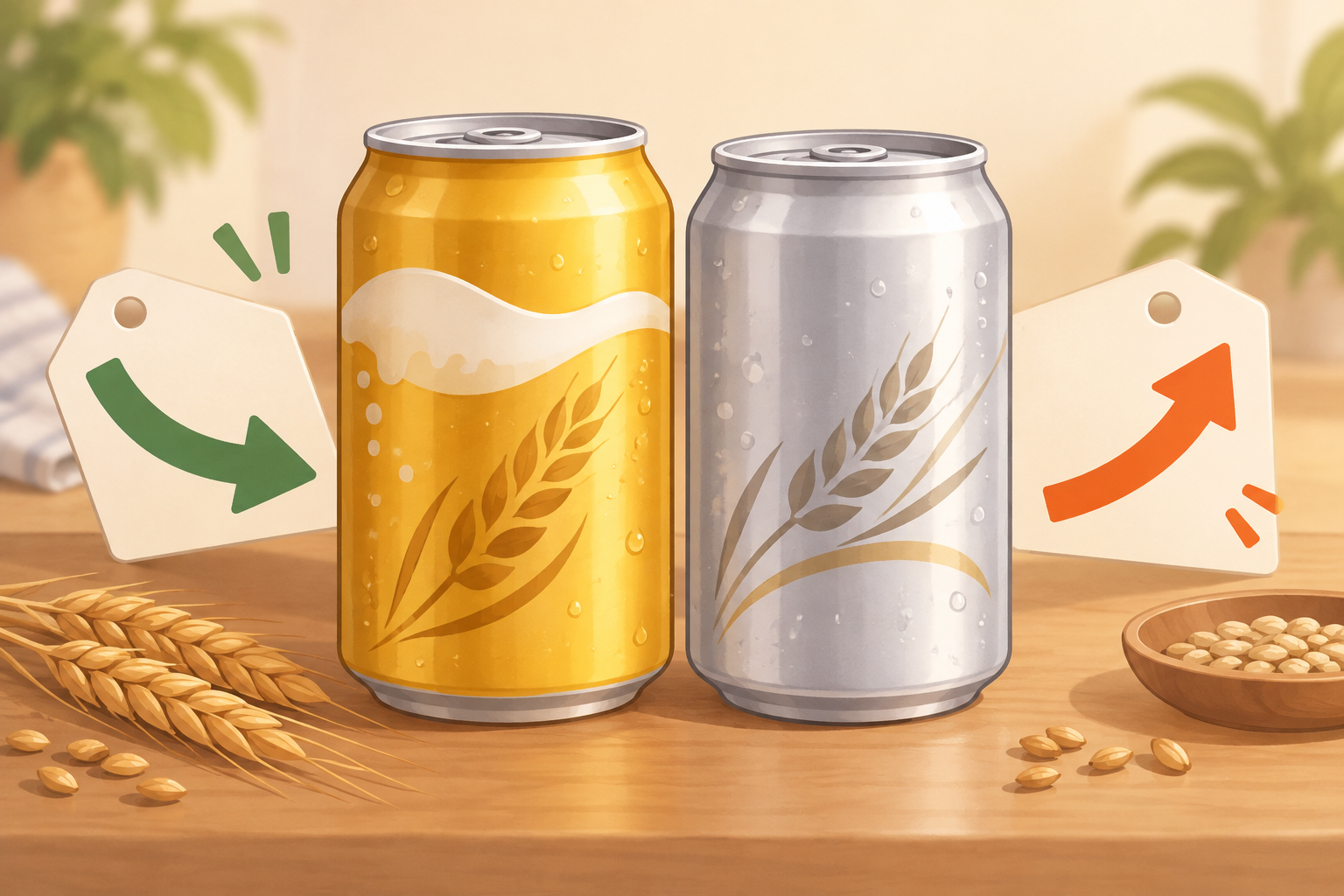 ビールと発泡酒をイメージした金色と銀色の缶、値動きを示す矢印のイラスト