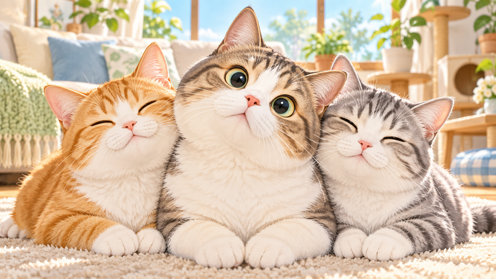 困り顔の猫と寄り添う2匹の猫のイラスト