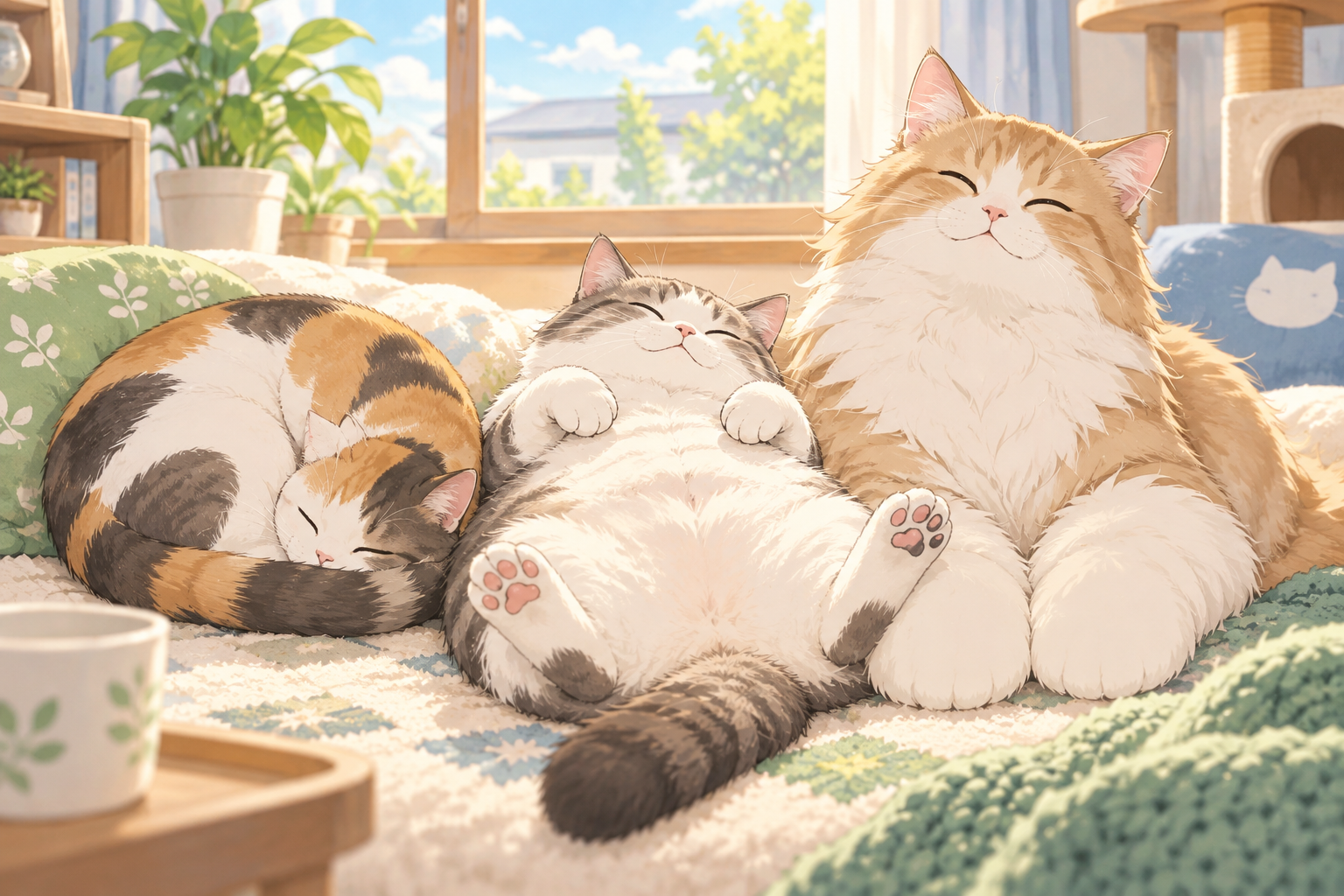 日当たりのよい部屋で、丸まったり仰向けになったりしてくつろぐ3匹の猫のイラスト