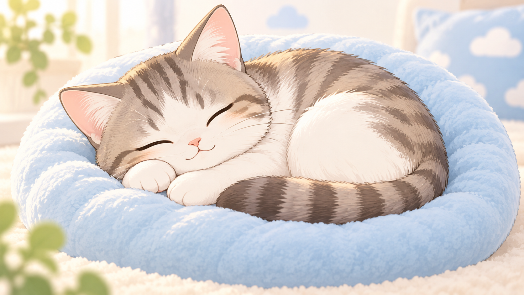 水色のクッションの上で丸くなって眠る可愛い猫のイラスト