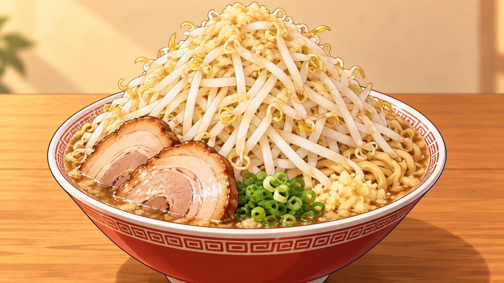 山盛りのもやしが乗ったラーメンのデフォルメイラスト