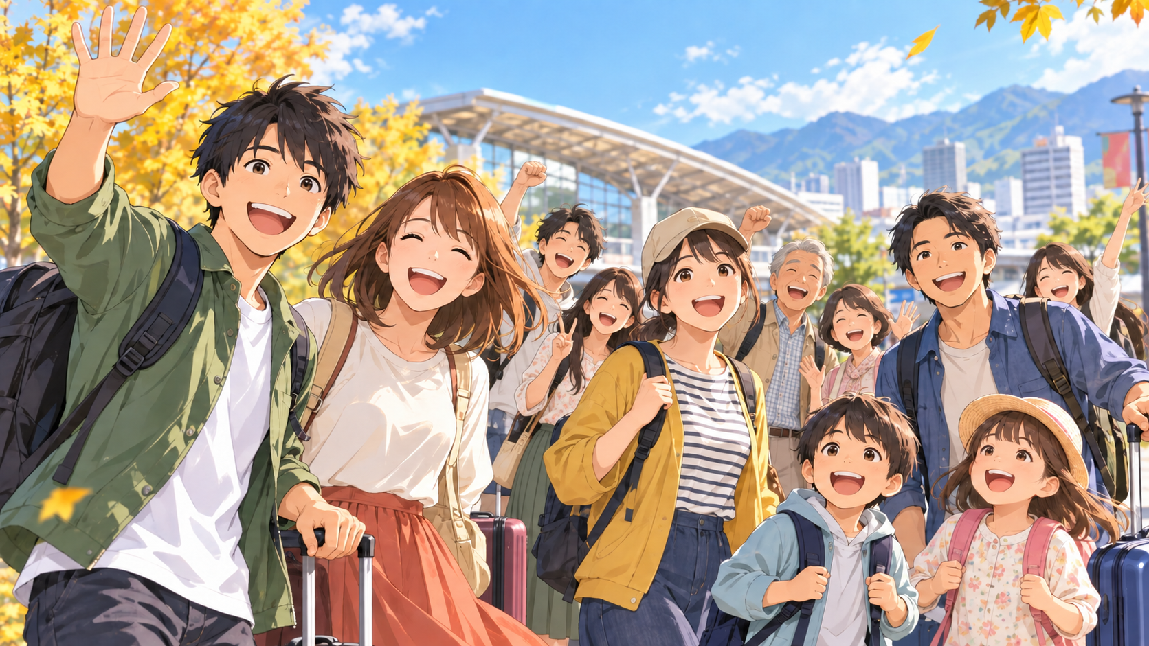 秋の連休に大勢で笑顔を見せる旅行者たちのイメージイラスト