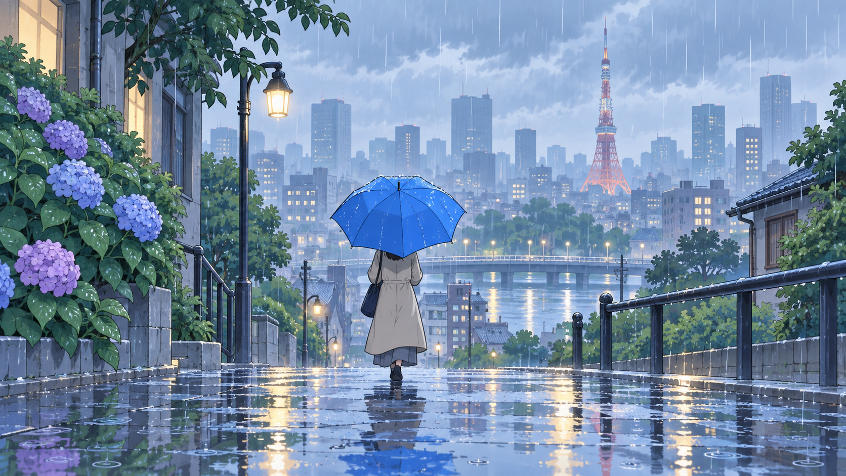 雨が降る東京の街と青い傘を描いたイラスト