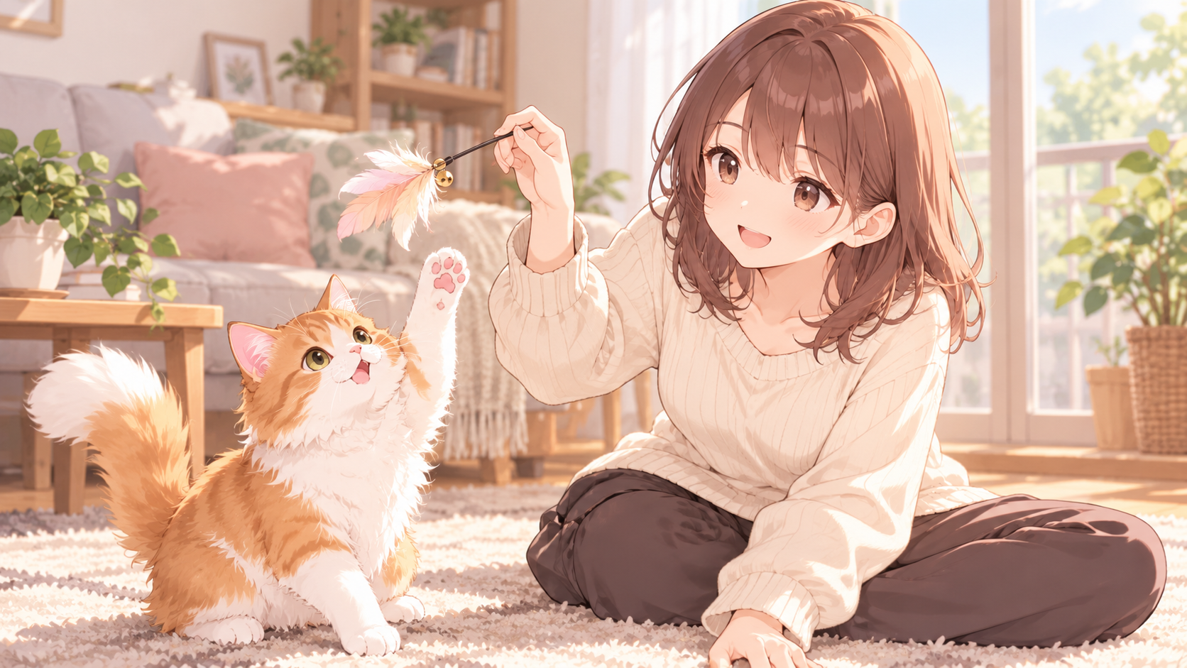 室内で猫じゃらしを持ち、茶白の猫と楽しそうに遊ぶ女の子のイラスト