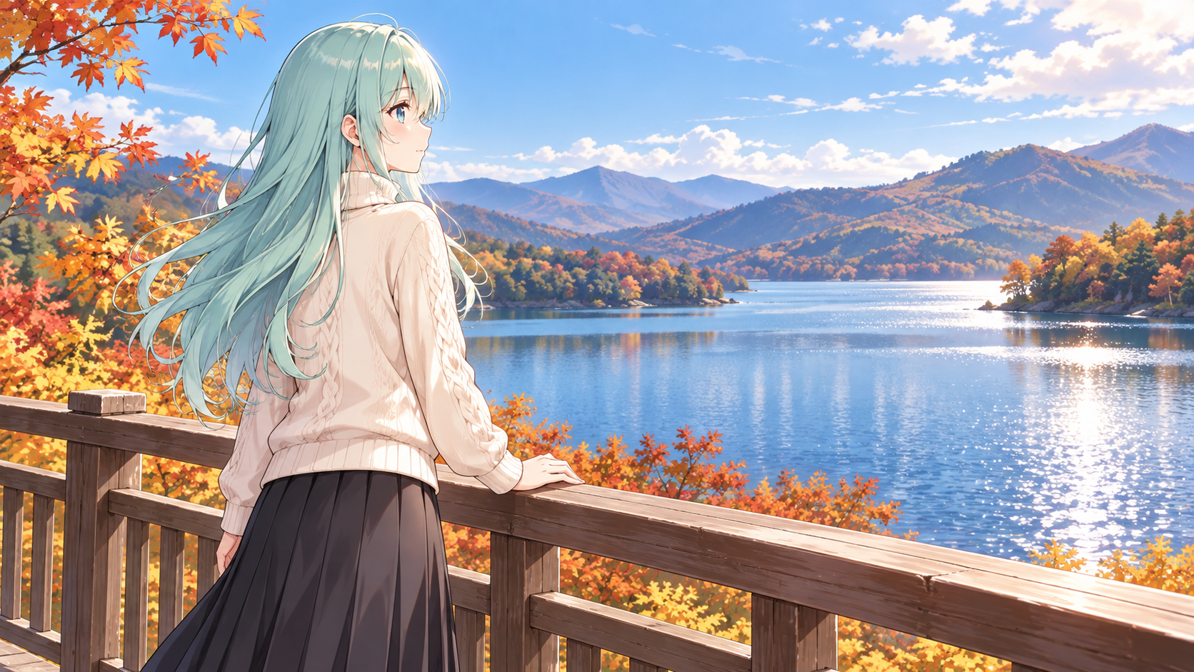 ミント色の髪と白いセーターの女の子が、木の手すりに片手を置き、秋の湖を眺めるイラスト