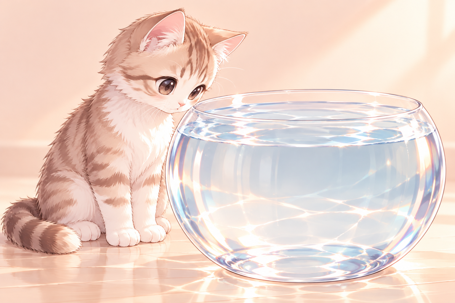 なみなみと水が入った大きな透明ボウルを見つめる子猫