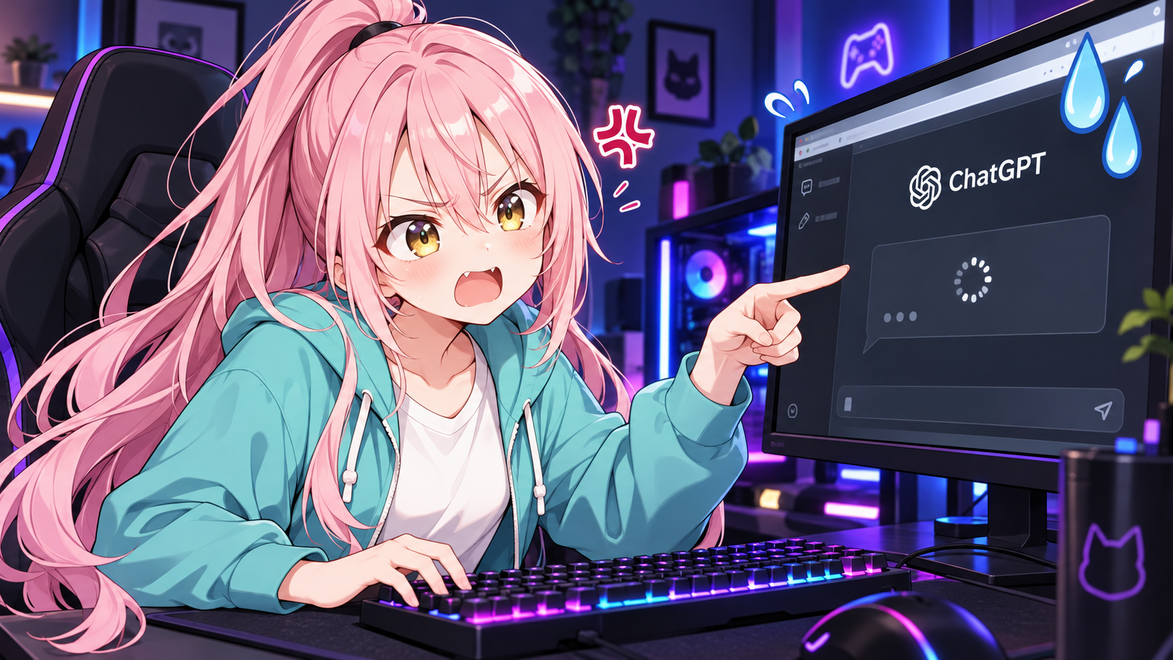 大きな金色の瞳の女の子が暗いゲーミング部屋でChatGPTに文句を言い、モニターに困惑の汗が浮かぶイラスト