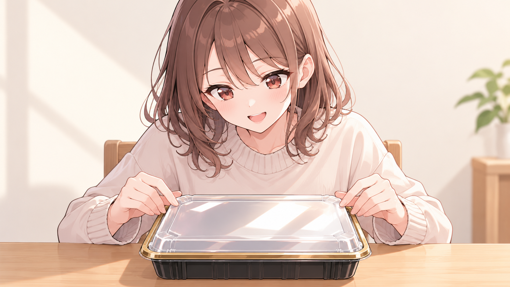 光が反射する蓋付きの四角い弁当を開ける直前の女の子