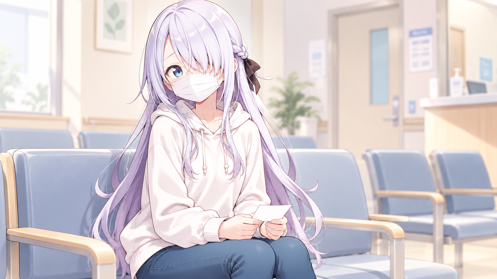 白いマスクを着け、病院の待合室で受付票を持つ女性のアニメイラスト