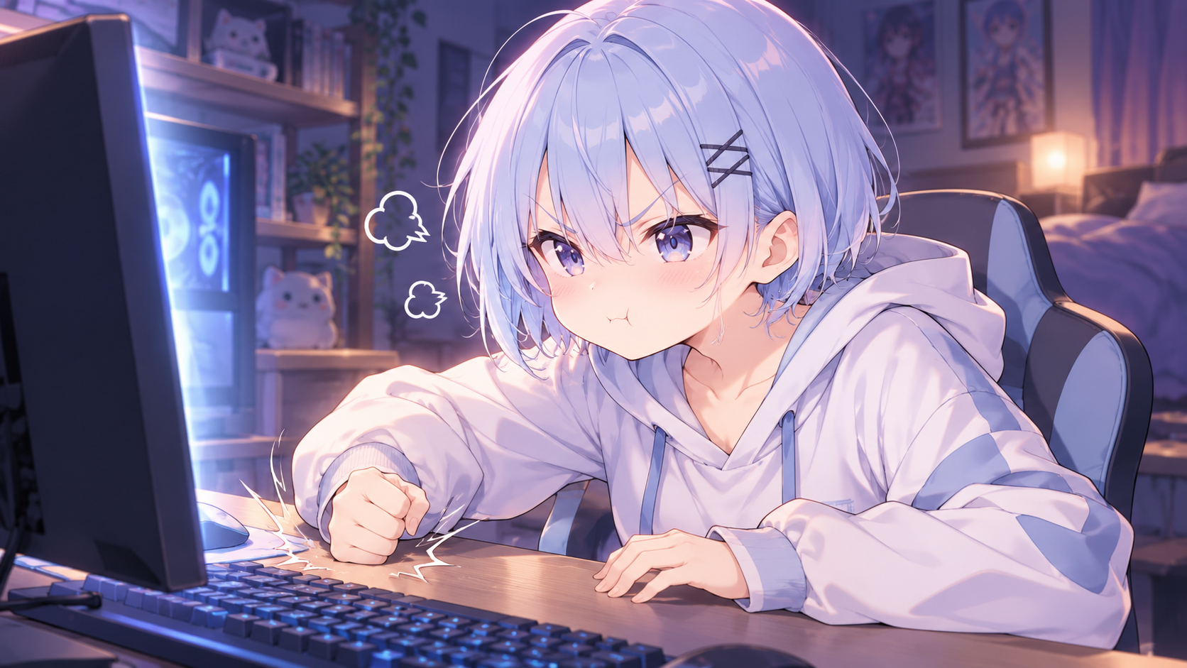 水色のショートヘアの女の子がパソコンの前でコミカルに台パンするイラスト