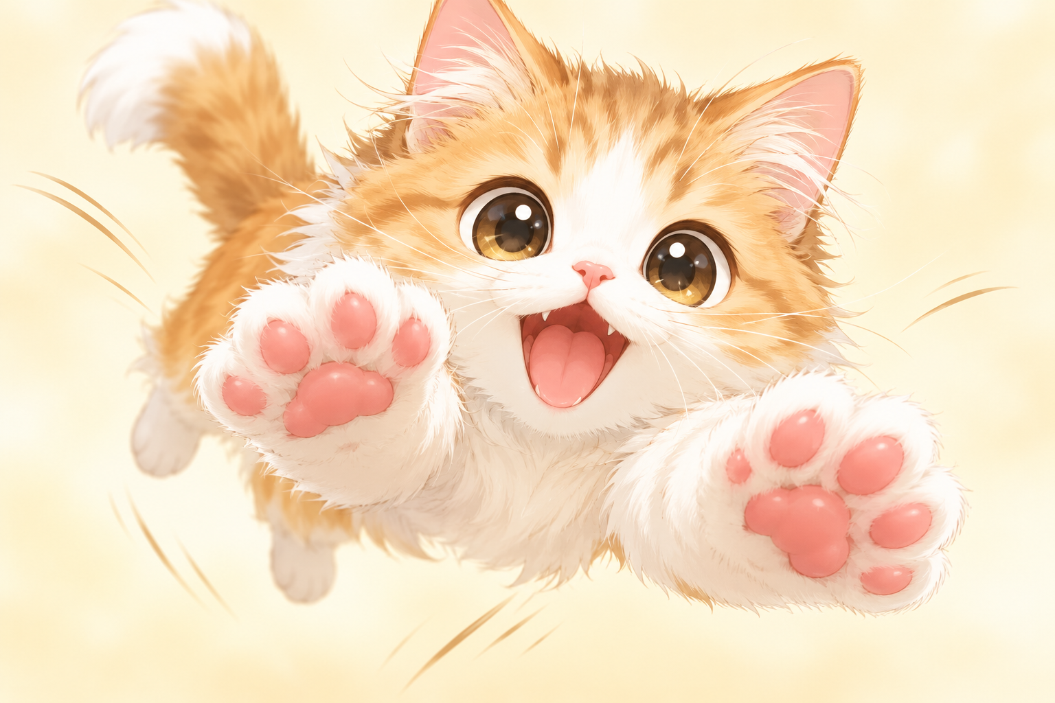 茶白の可愛い子猫が肉球を見せながらこちらへ飛びかかるデフォルメアニメ風イラスト