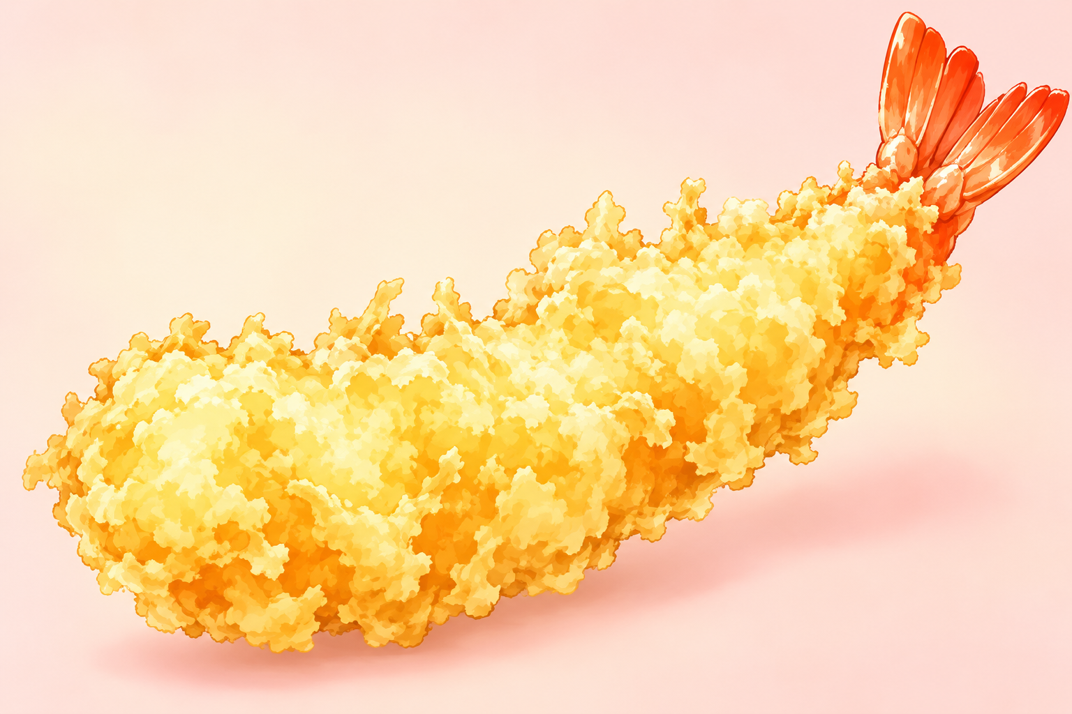 優しい薄桃色の背景に、大きなえび天が一つだけのデフォルメアニメ風イラスト